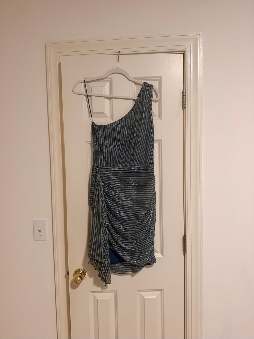Dance & Marvel One-Shoulder Shimmer Stripe Dress in Teal